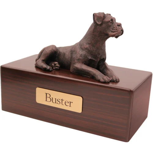 Ears down Boxer dog bronze look figurine wood memorial cremation urn, walnut finish