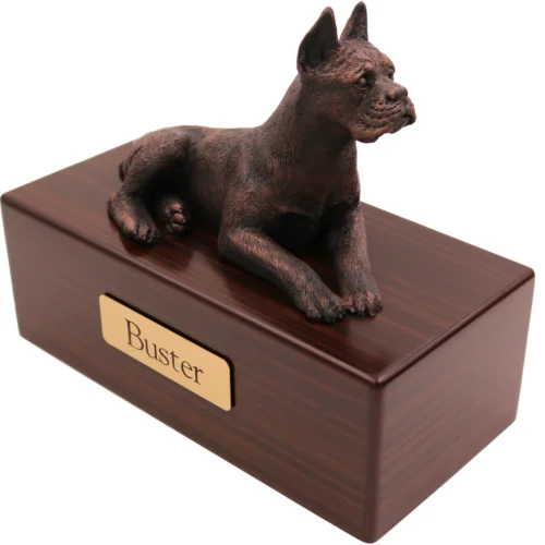 Ears up Boxer dog bronze look figurine wood memorial cremation urn, walnut finish