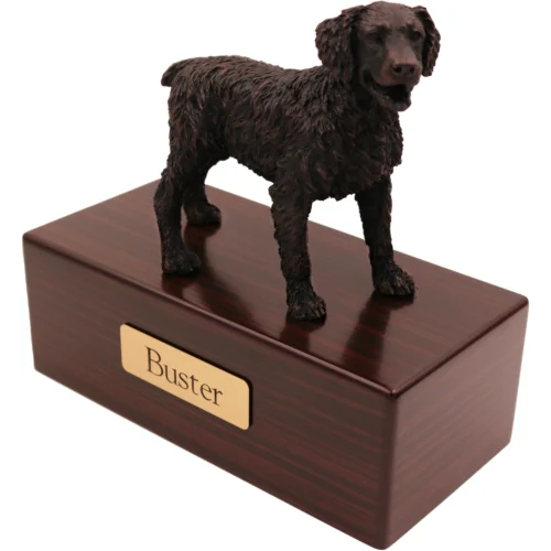 Brittany Spaniel dog bronze look figurine wood memorial cremation urn, walnut finish
