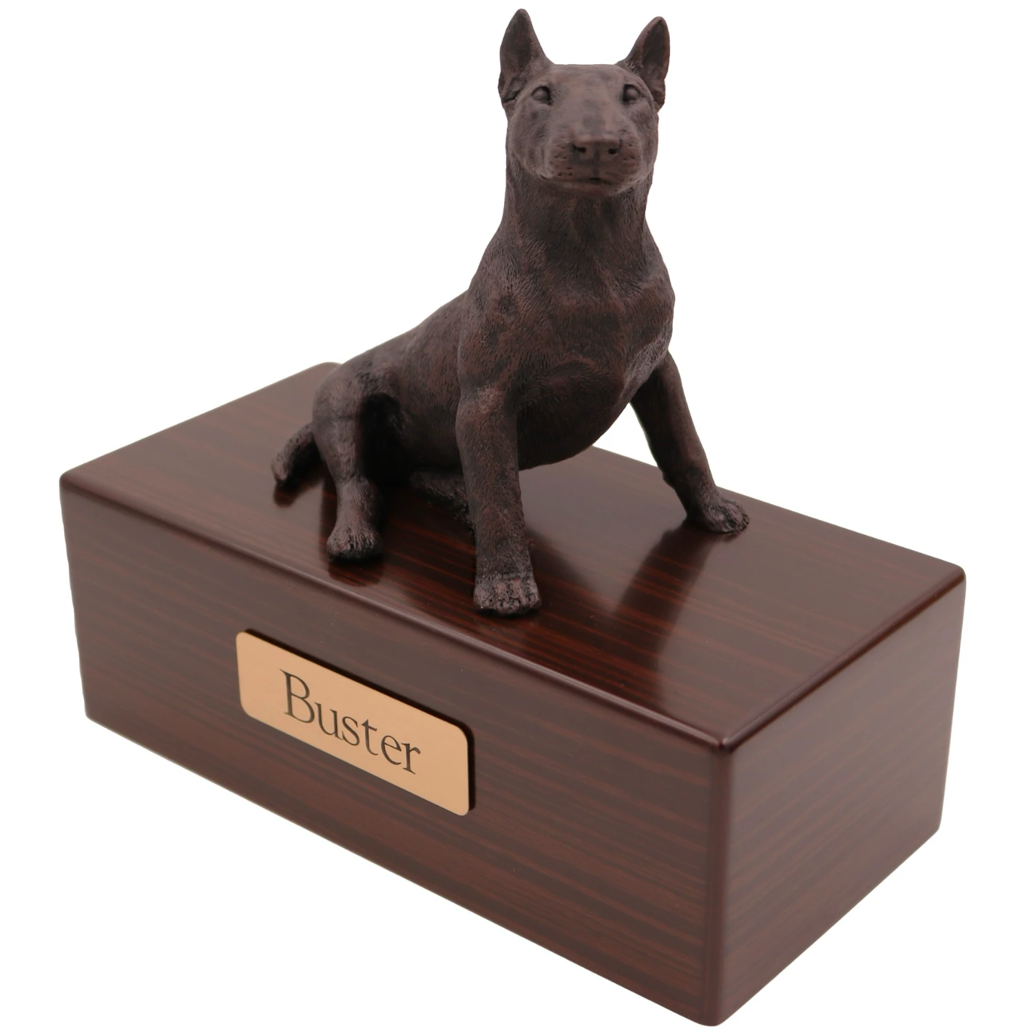 Bull Terrier dog bronze look figurine wood memorial cremation urn, walnut finish