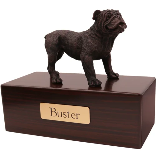 Bulldog dog bronze look figurine wood memorial cremation urn, walnut finish
