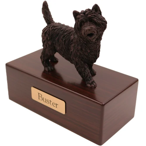 Cairn Terrier dog bronze look figurine wood memorial cremation urn, walnut finish