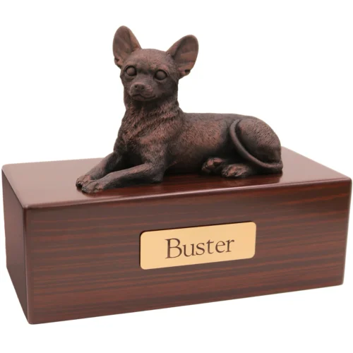 Chihuahua dog bronze look figurine wood memorial cremation urn, walnut finish