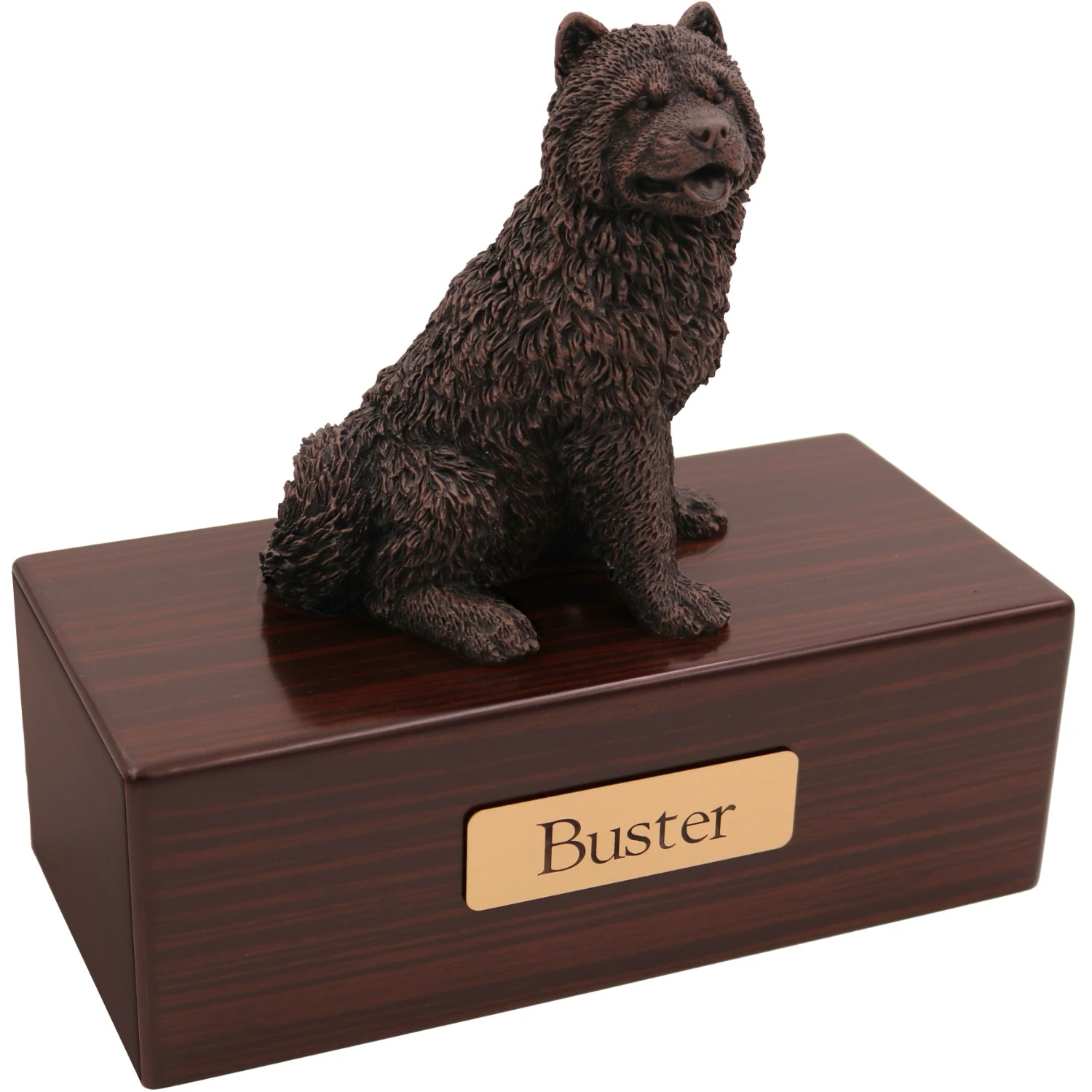 Chow Chow dog bronze look figurine wood memorial cremation urn, walnut finish