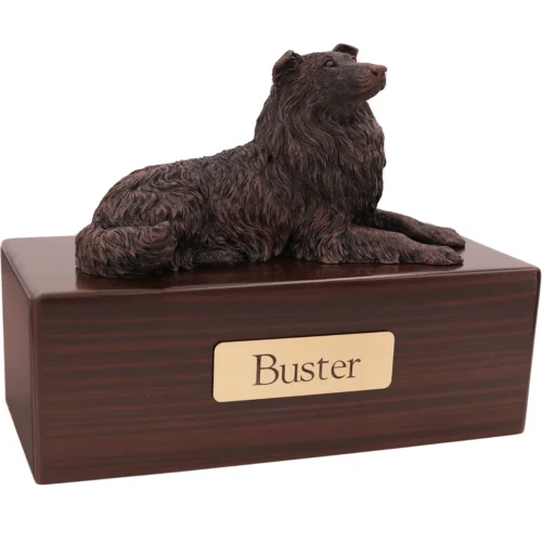 Collie dog bronze look figurine wood memorial cremation urn, walnut finish