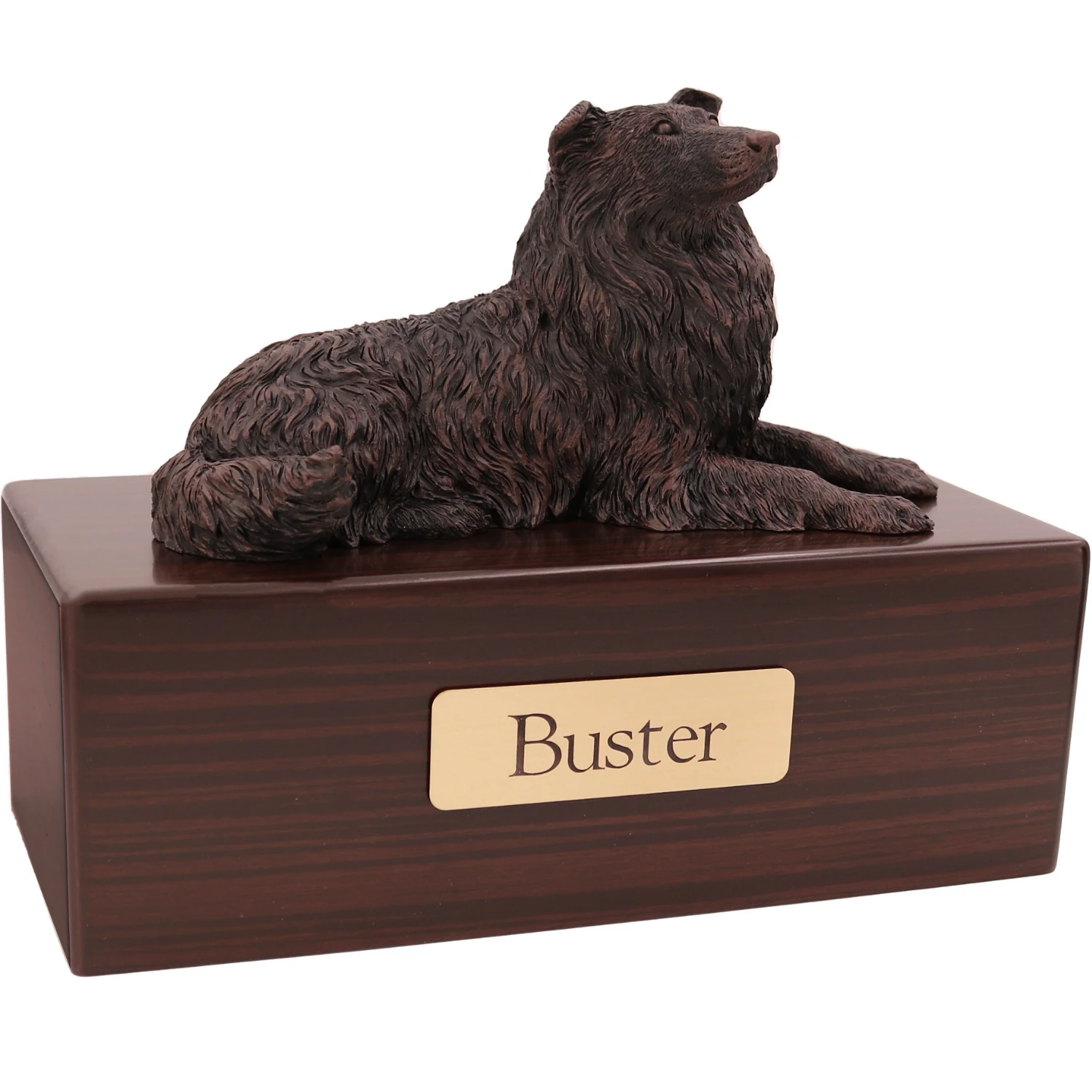 Collie dog bronze look figurine wood memorial cremation urn, walnut finish