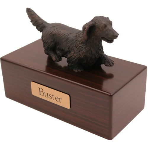 Long haired Dachshund dog bronze look figurine wood memorial cremation urn, walnut finish