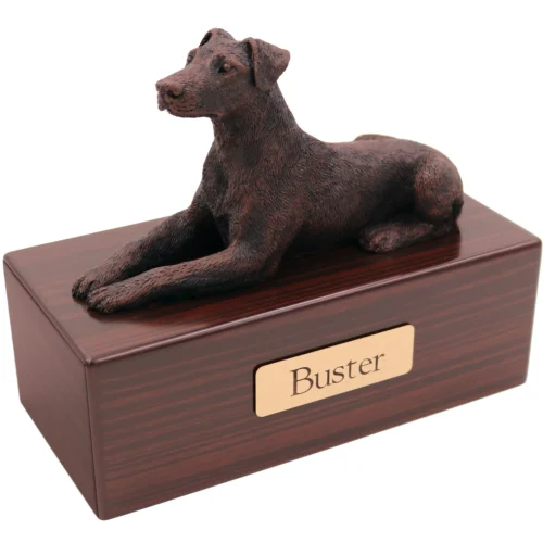 Ears down Doberman Pinscher dog bronze look figurine wood memorial cremation urn, walnut finish