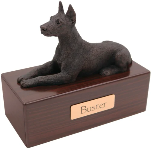 Ears up Doberman Pinscher dog bronze look figurine wood memorial cremation urn, walnut finish