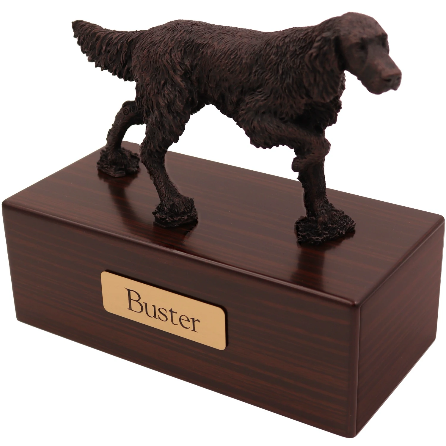 English Setter dog bronze look figurine wood memorial cremation urn, walnut finish
