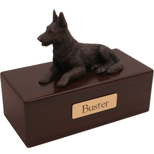 German Shepherd dog bronze look figurine wood memorial cremation urn, walnut finish