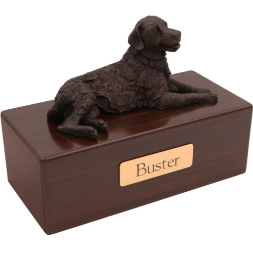Golden Retriever dog bronze look figurine wood memorial cremation urn, walnut finish