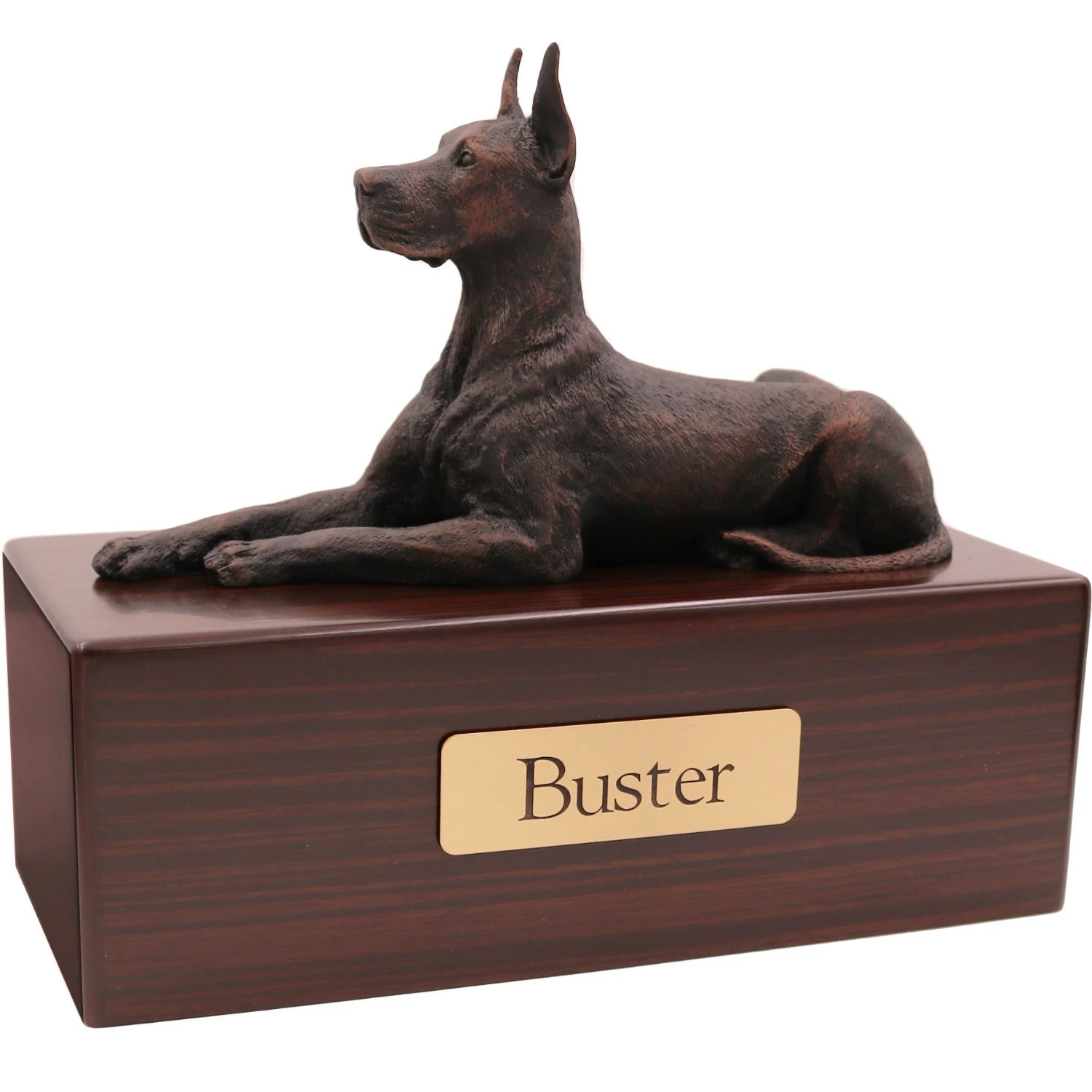 Ears up Great Dane dog bronze look figurine wood memorial cremation urn, walnut finish