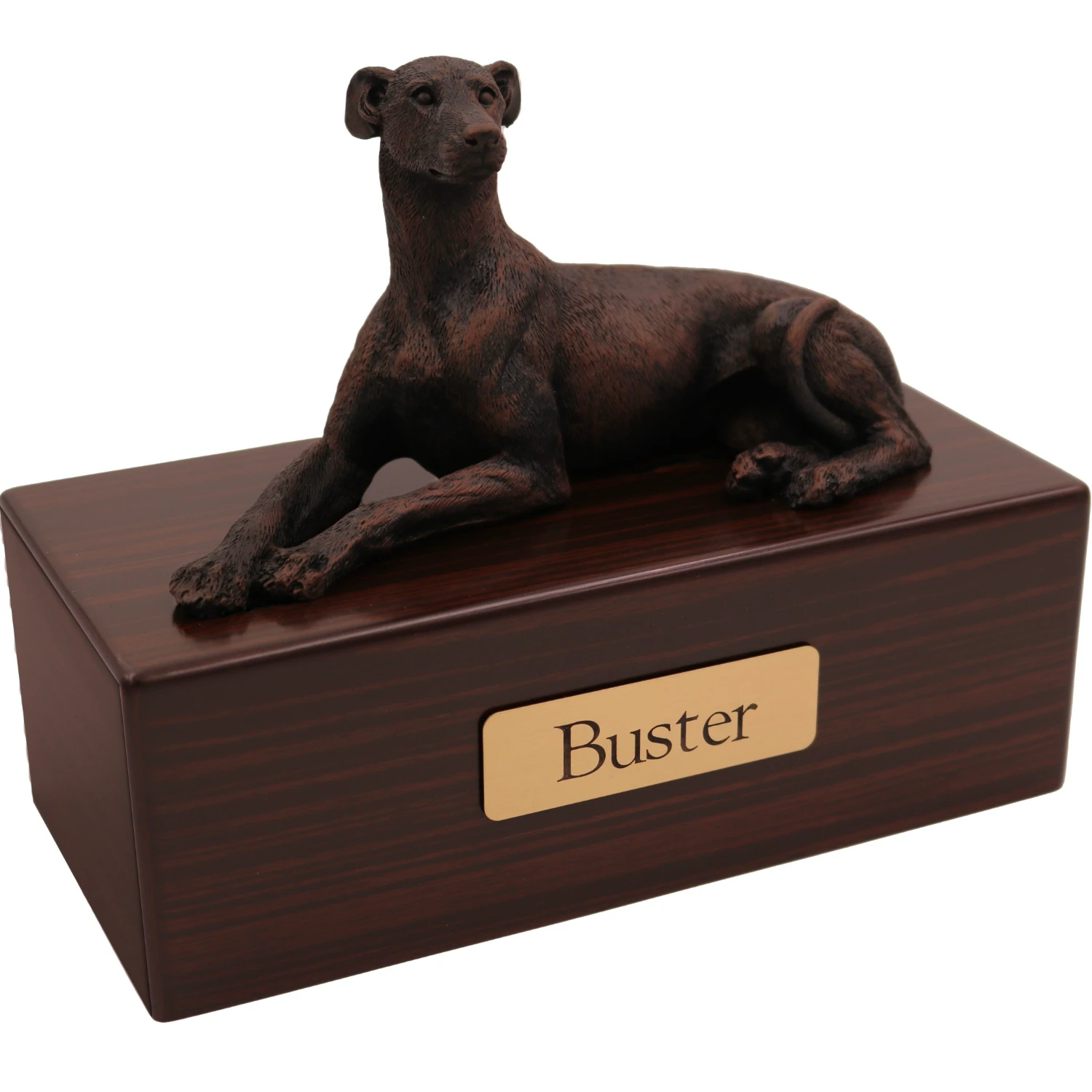 Greyhound (whippet) dog bronze look figurine wood memorial cremation urn, walnut finish