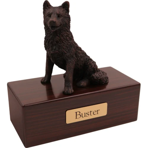 Husky dog bronze look figurine wood memorial cremation urn, walnut finish