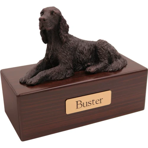 Irish Setter dog bronze look figurine wood memorial cremation urn, walnut finish