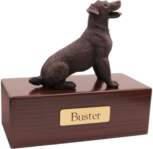 Jack Russell Terrier dog bronze look figurine wood memorial cremation urn, walnut finish