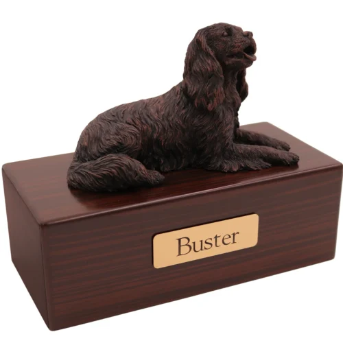 King Charles Spaniel dog bronze look figurine wood memorial cremation urn, walnut finish