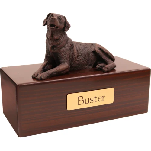 Labrador Retriever (laying) dog bronze look figurine wood memorial cremation urn, walnut finish