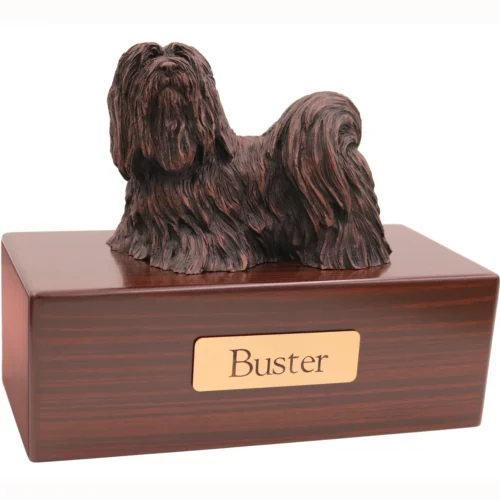 Lhasa Apso dog bronze look figurine wood memorial cremation urn, walnut finish