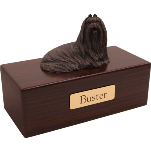 Maltese dog bronze look figurine wood memorial cremation urn, walnut finish