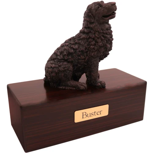 Newfoundland dog bronze look figurine wood memorial cremation urn, walnut finish