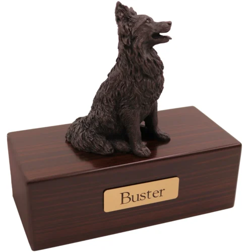 Papillon dog bronze look figurine wood memorial cremation urn, walnut finish