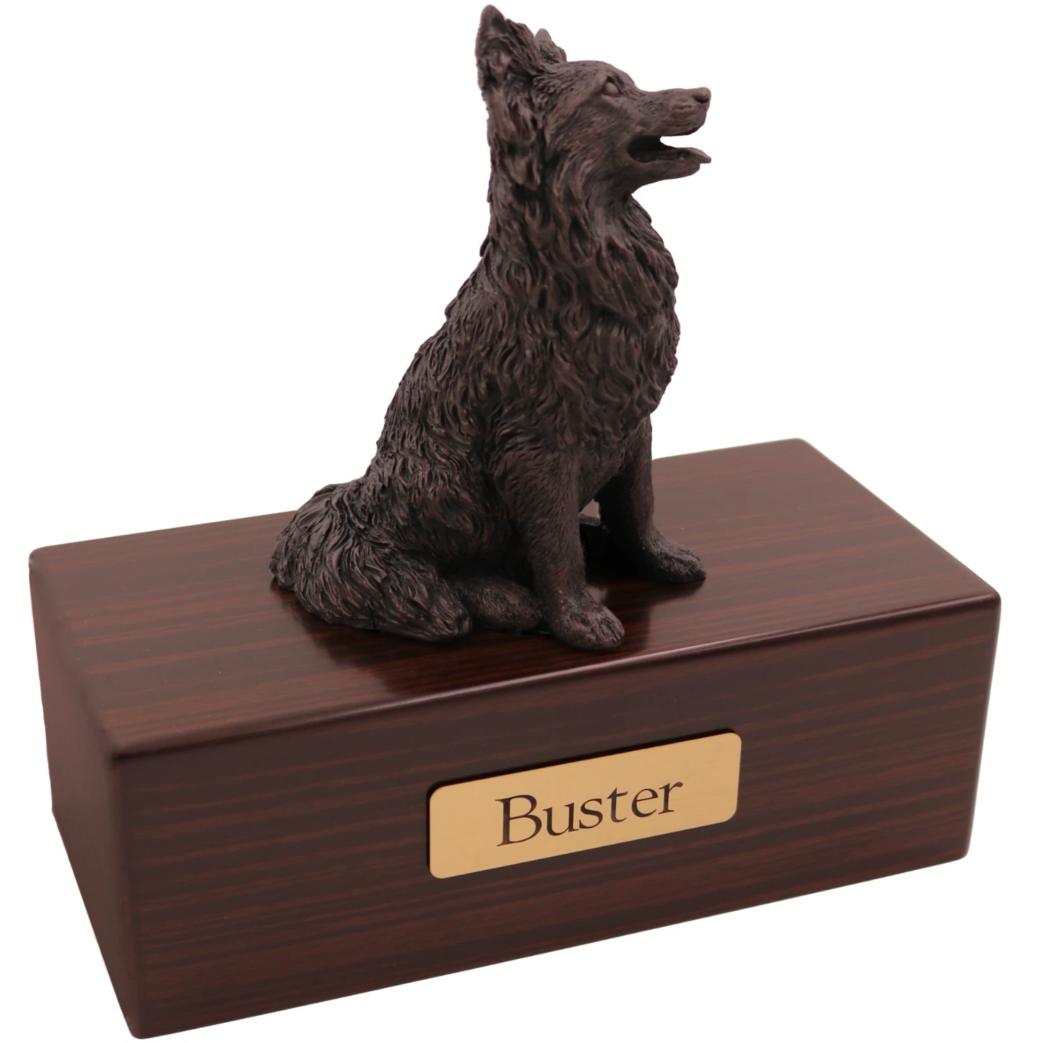 Papillon dog bronze look figurine wood memorial cremation urn, walnut finish