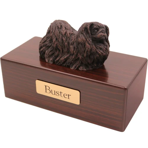 Pekingese dog bronze look figurine wood memorial cremation urn, walnut finish