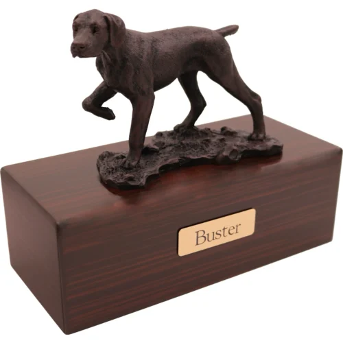 Pointer dog bronze look figurine wood memorial cremation urn, walnut finish