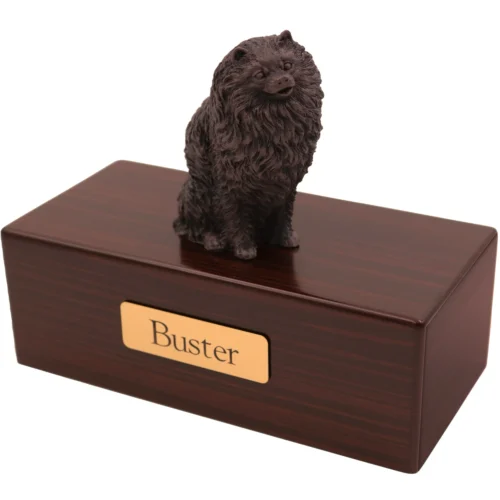 Pomeranian dog bronze look figurine wood memorial cremation urn, walnut finish
