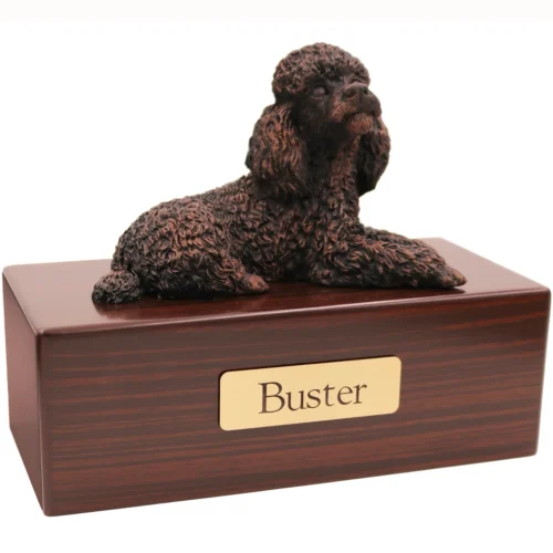 Poodle dog bronze look figurine wood memorial cremation urn, walnut finish