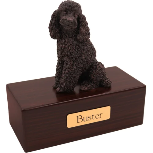 Poodle dog bronze look figurine wood memorial cremation urn, walnut finish
