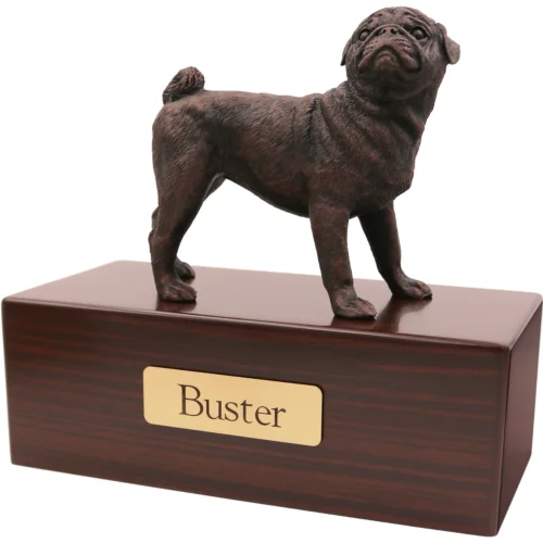 Pug dog bronze look figurine wood memorial cremation urn, walnut finish