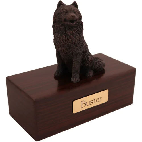 Samoyed dog bronze look figurine wood memorial cremation urn, walnut finish