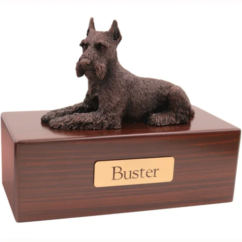 Ears Up Schnauzer dog bronze look figurine wood memorial cremation urn, walnut finish