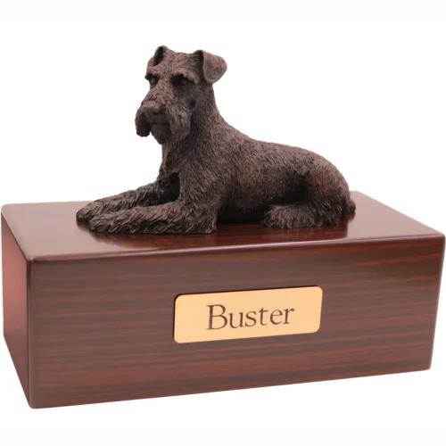 Ears Down Schnauzer dog bronze look figurine wood memorial cremation urn, walnut finish