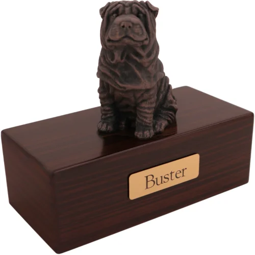 Shar Pei dog bronze look figurine wood memorial cremation urn, walnut finish