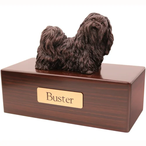 Shih Tzu dog bronze look figurine wood memorial cremation urn, walnut finish