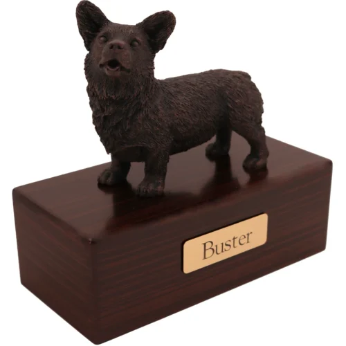 Welsh Corgi dog bronze look figurine wood memorial cremation urn, walnut finish