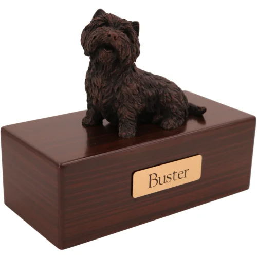 West Highland Terrier "Westie" dog bronze look figurine wood memorial cremation urn, walnut finish