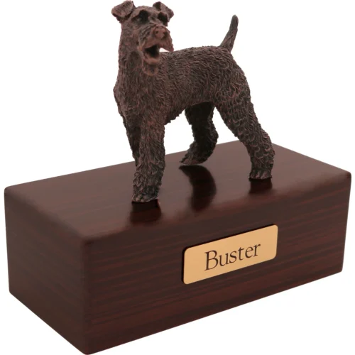 Fox Terrier dog bronze look figurine wood memorial cremation urn, walnut finish