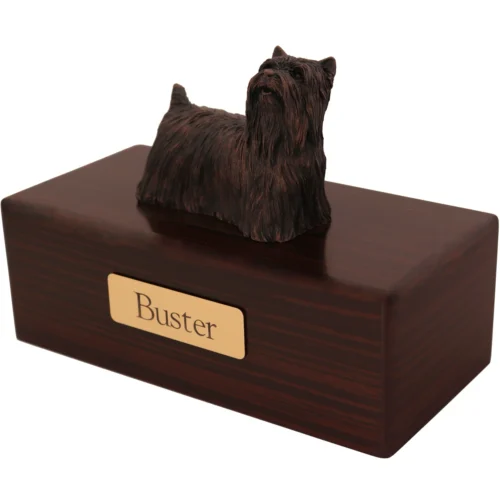 Yorkshire Terrier "Yorkie" dog bronze look figurine wood memorial cremation urn, walnut finish
