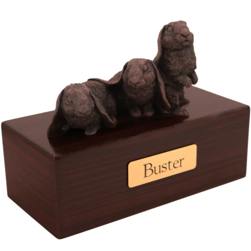 3 rabbits bronze look figurine wood memorial cremation urn, walnut finish