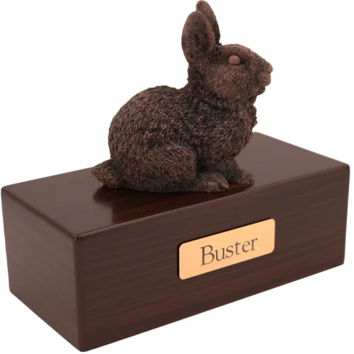 Rabbit bronze look figurine wood memorial cremation urn, walnut finish
