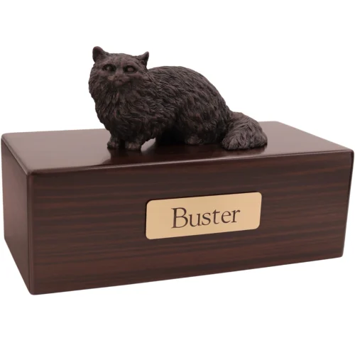 Angora cat bronze look figurine wood memorial cremation urn, walnut finish