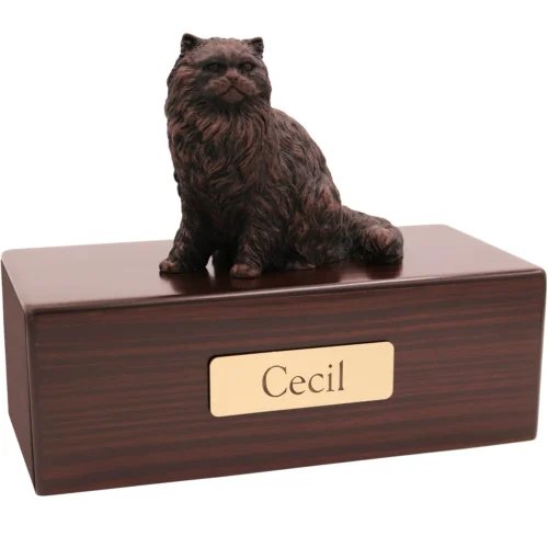 Persian cat bronze look figurine wood memorial cremation urn, walnut finish