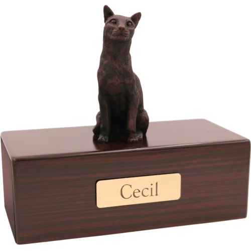 Siamese cat bronze look figurine wood memorial cremation urn, walnut finish