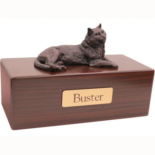 Tabby cat bronze look figurine wood memorial cremation urn, walnut finish
