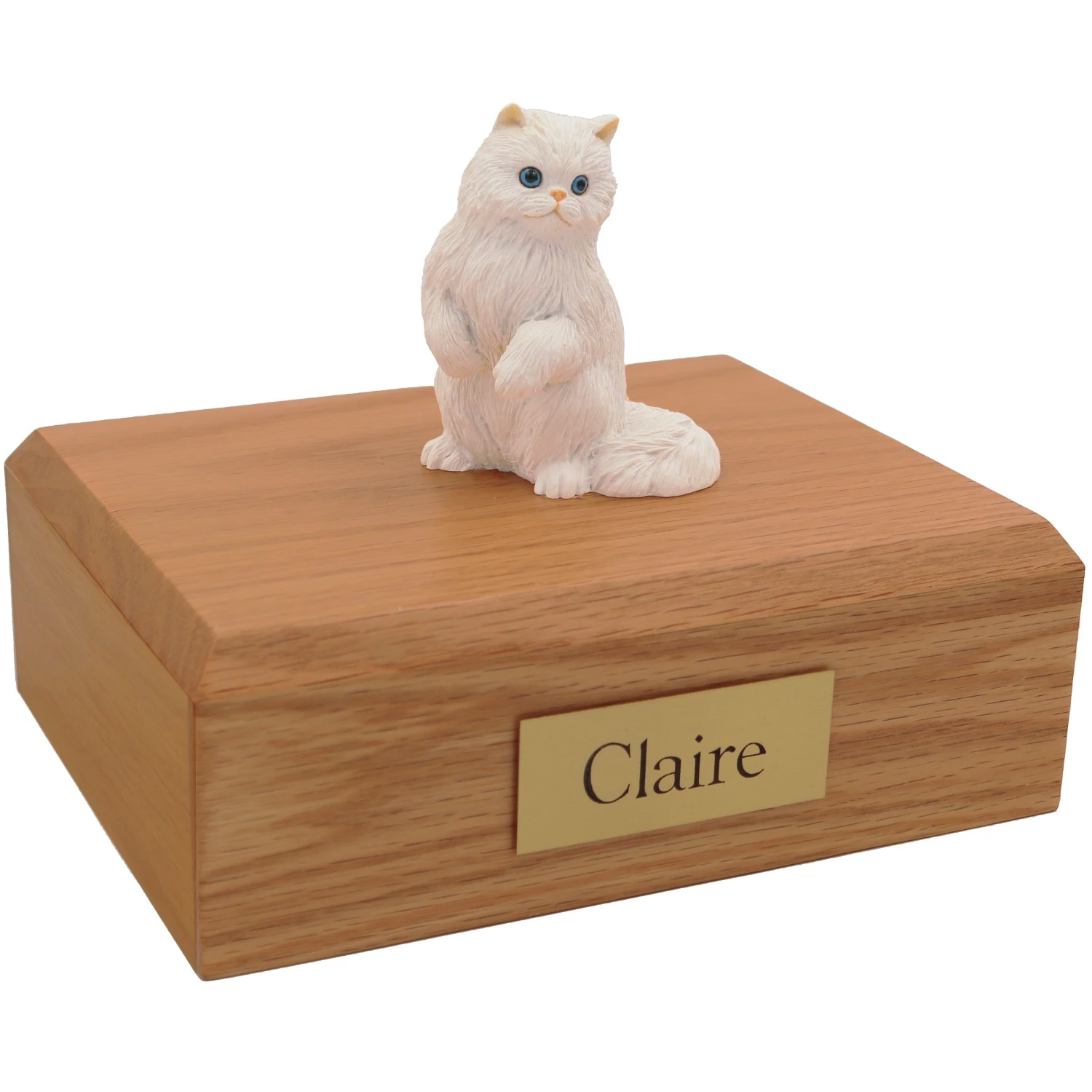 Sitting white persian cat figurine on wood cremation urn